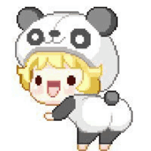 a pixel art illustration of a girl dressed as a panda bear .