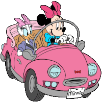 minnie mouse is driving a pink car with daisy duck in the back seat