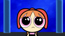 a cartoon character with big pink eyes and red hair looks sad