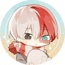 a chibi drawing of todoroki holding a seal in a circle .