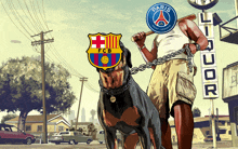 a cartoon of a man walking a dog with a fcb logo on it