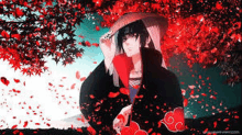 itachi uchiha from naruto is wearing a hat and standing under a tree with red leaves falling from it .