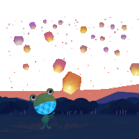 an illustration of a frog wearing a mask with lanterns in the background