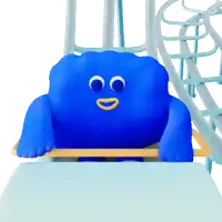 a blue cartoon character on a roller coaster with a yellow mouth