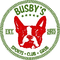 a logo for busby 's sports club with a boston terrier