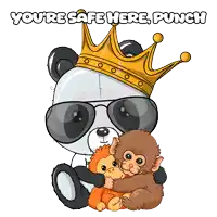a panda bear wearing sunglasses and a crown holds a baby monkey and says you 're safe here punch