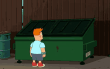 a cartoon character is standing next to a dumpster with a label on it that says " recycle "