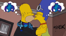 a cartoon of homer simpson and marge simpson kissing with the words $ 5nek on the bottom