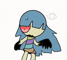 a drawing of a girl with long blue hair and wings