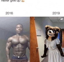 a picture of a muscular man next to a picture of a mascot