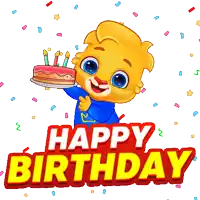 a cartoon character holding a birthday cake with the words happy birthday written below it