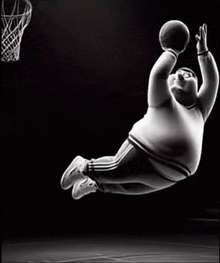 a fat man is jumping in the air with a basketball in his hand