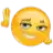 a yellow smiley face with a hand up and a speech bubble .