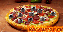 a pizza with a picture of a man on it and the words raconipizza on the bottom