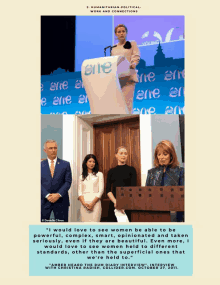 a woman stands at a podium with the words " i would love to see women be able to be powerful " on the top