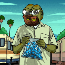 a cartoon of a man with a beard holding a bag of diamonds