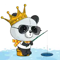 a panda bear wearing a crown and sunglasses fishing