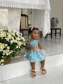 a little girl wearing a blue dress with daisies on it sits in front of flowers