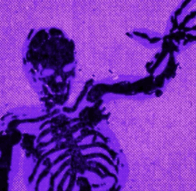 a skeleton with a purple background is holding a sword .