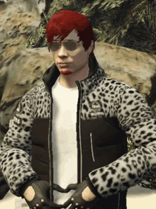 a man with red hair is wearing a leopard print jacket and sunglasses