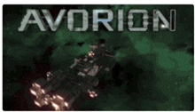 the word avorion is on a green background with a space ship in the background