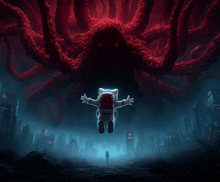 a cat astronaut is flying through the air in front of a giant red octopus