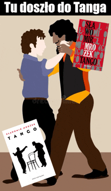 a poster with two men dancing next to a book called tango