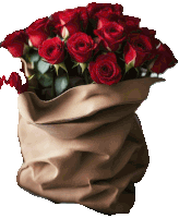 a brown bag filled with red roses is against a white background