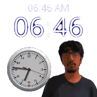 a man stands in front of a clock that says 6:46