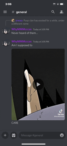 a screenshot of a discord conversation between wary poop clan