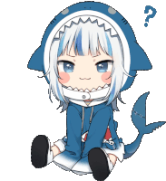 a shark girl with a question mark behind her