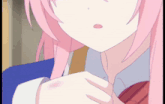 a close up of a pink haired anime girl