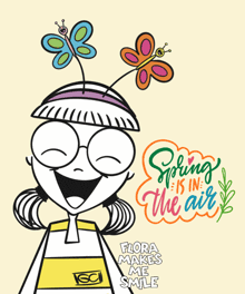 a cartoon of a girl with butterflies on her head and the words spring is in the air