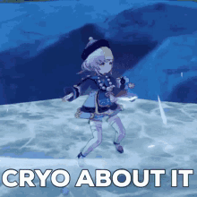 a girl in a video game is standing in the snow with the words `` cryo about it '' written below her .