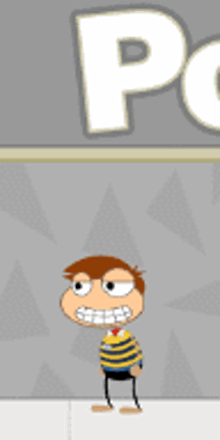 a cartoon character is standing in front of a sign that says ' pc '