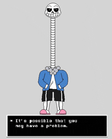 a pixel art drawing of sans with a long neck and a skeleton head .