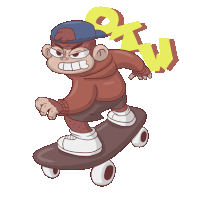 a cartoon of a monkey riding a skateboard with the letter o and w behind him