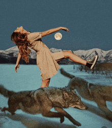 a woman in a dress is being chased by wolves in the snow