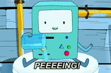 a cartoon character says peeeing while pouring water into a cup