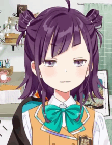 a girl with purple hair is wearing a green bow tie .