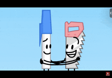 a cartoon of a pen and a saw holding hands