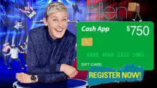 a picture of ellen degeneres next to a gift card that says cash app