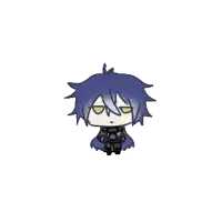a cartoon drawing of a boy with purple hair and yellow eyes .