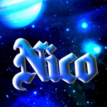 the name nico is displayed in blue letters against a blue background