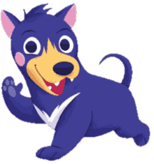 a cartoon drawing of a blue dog waving its paw