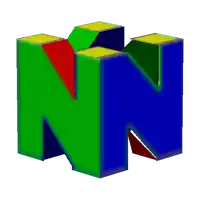 a blue green and red letter n with a yellow border