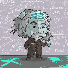 a cartoon drawing of albert einstein surrounded by equations