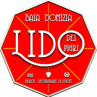 a red sign that says baia domizia iido dei pigri beach restaurant & event