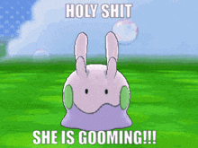 a cartoon of a purple rabbit with the words holy shit she is grooming