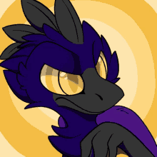 a cartoon drawing of a purple and black bird with yellow eyes